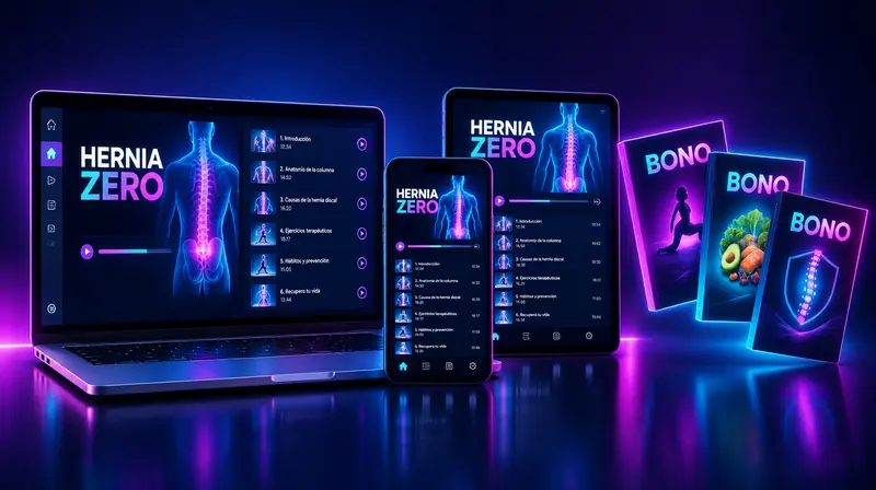 Hernia Zero en laptop, tablet y celular, junto a los bonos