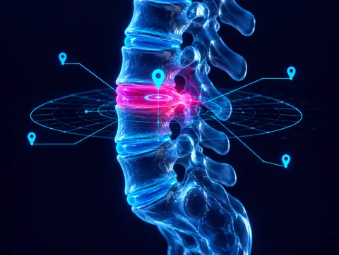 Mapa 3D de la columna lumbar con el disco herniado señalado