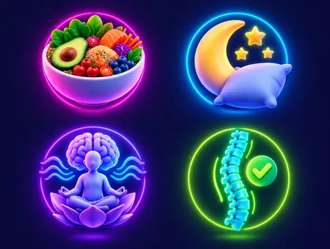 Íconos de nutrición, sueño, estrés y postura