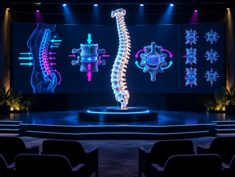 Escenario de masterclass con un modelo 3D de la columna
